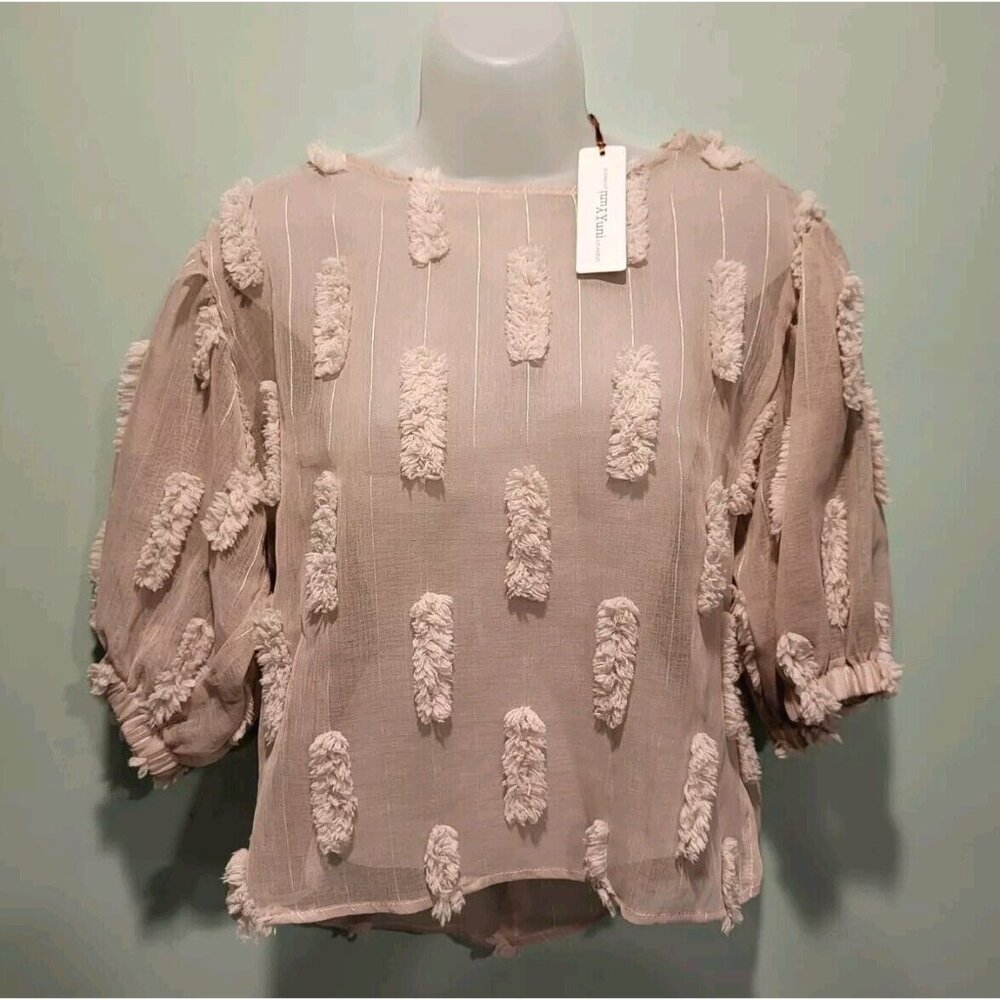 New Yuni Los Angeles Tan Sheer Puff Short Sleeve Top 3D Puff Accents Sz S
